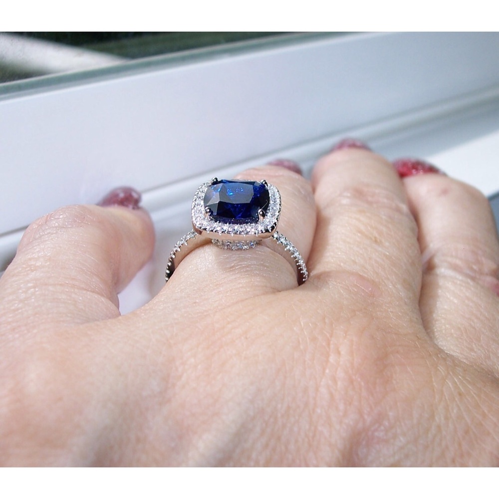 925 STERLING SILVER Cushion Cut Blue Spinel & Cubic Zirconia Halo Ring - Picture 5 of 16